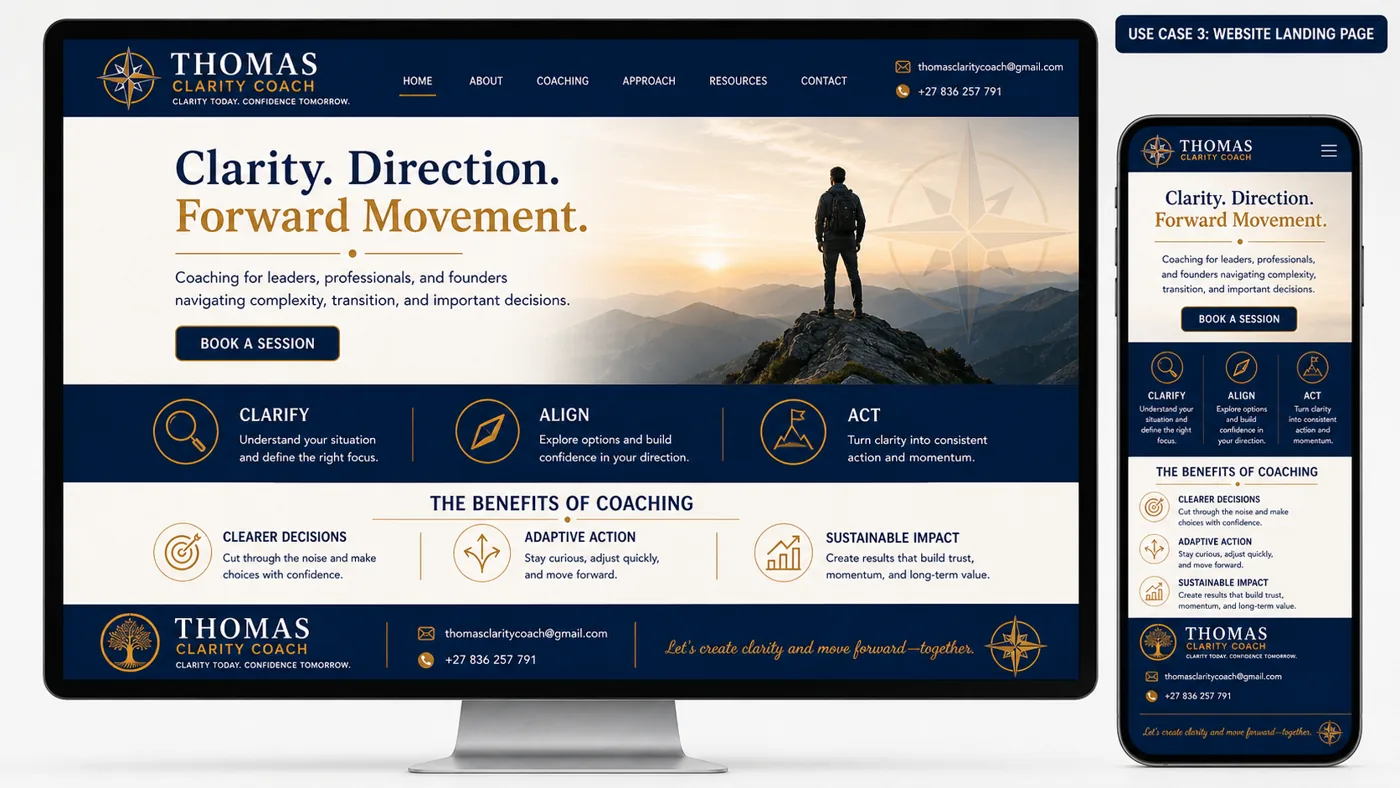 Premium coaching website visual with navy, gold, and calm leadership imagery